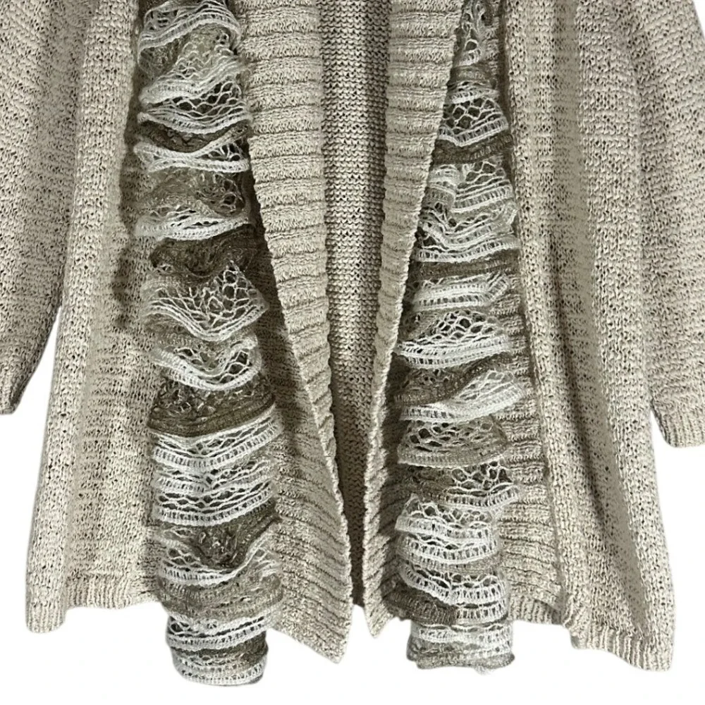 Chicos‎ Open Front Knit Cardigan Sweater Sz 0, Small Ruffle Scarf Neutral Cotton